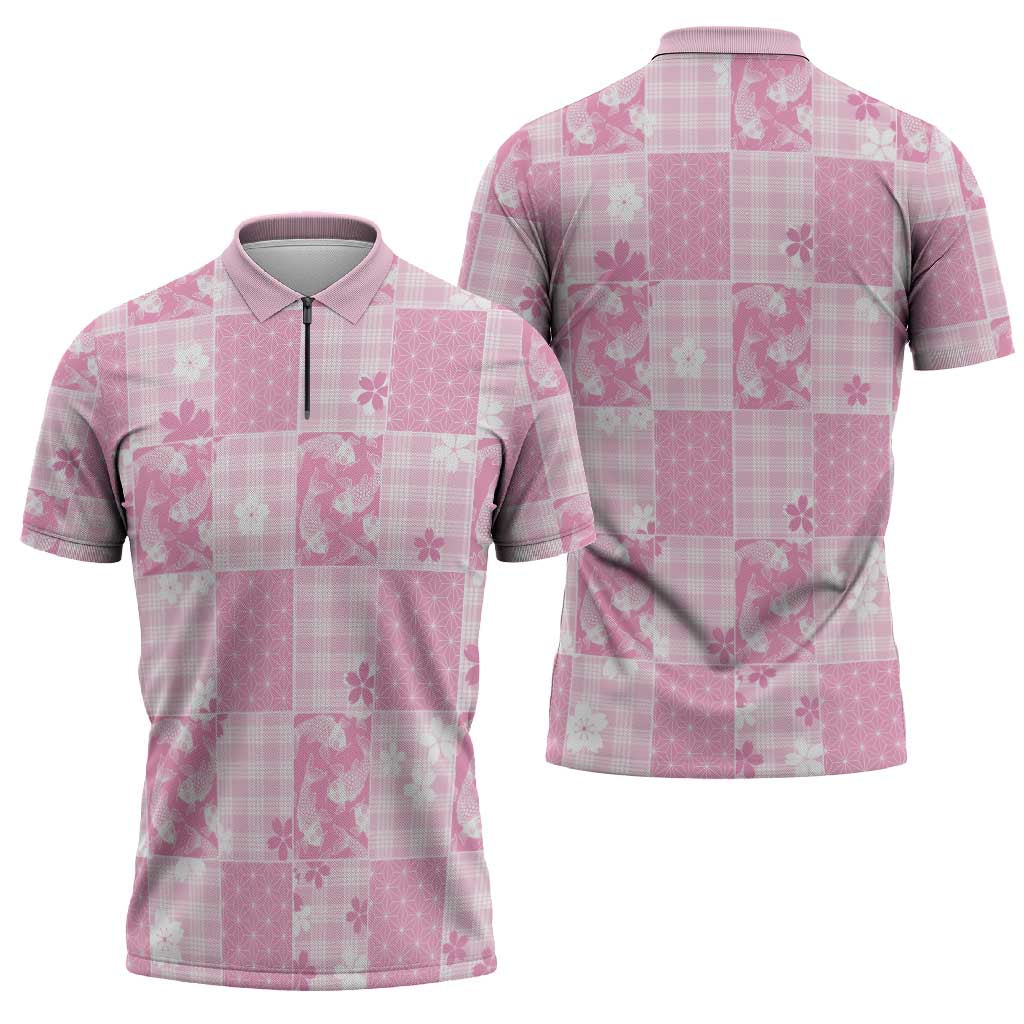 Pink Palaka Japanese Patterns Zipper Polo Shirt Koi Fish Asanoha Sakura Patchwork Stylized LT14 - Polynesian Pride