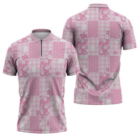 Pink Palaka Japanese Patterns Zipper Polo Shirt Koi Fish Asanoha Sakura Patchwork Stylized LT14 - Polynesian Pride
