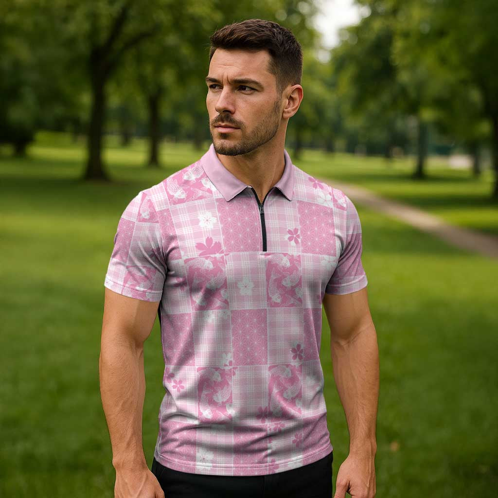 Pink Palaka Japanese Patterns Zipper Polo Shirt Koi Fish Asanoha Sakura Patchwork Stylized LT14 - Polynesian Pride