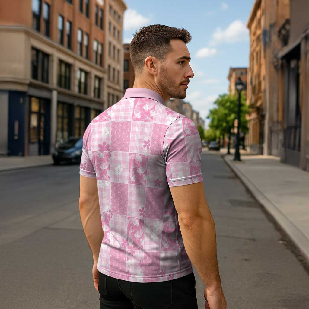 Pink Palaka Japanese Patterns Zipper Polo Shirt Koi Fish Asanoha Sakura Patchwork Stylized LT14 - Polynesian Pride