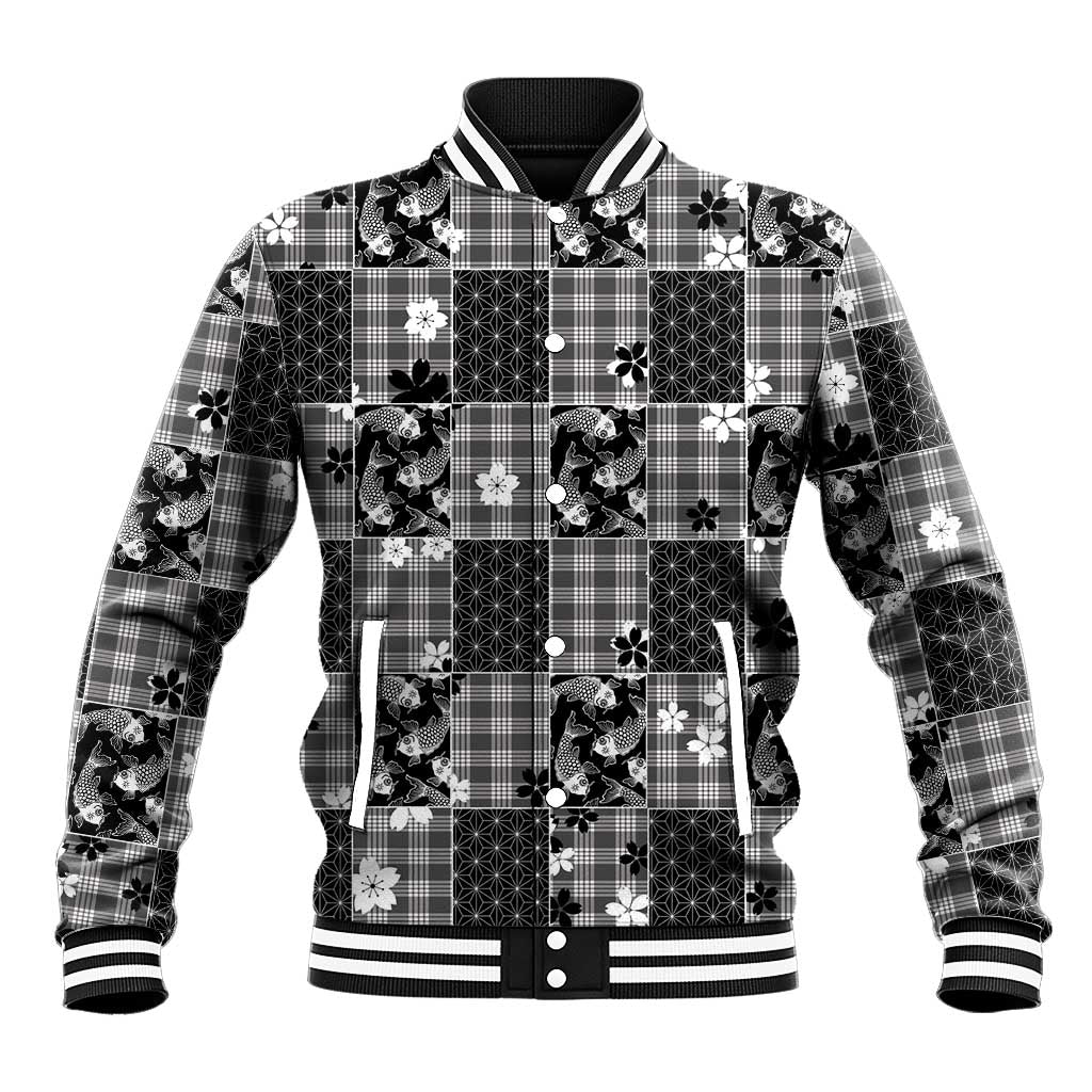 Black Palaka Japanese Patterns Baseball Jacket Koi Fish Asanoha Sakura Patchwork Stylized LT14 Unisex Black - Polynesian Pride