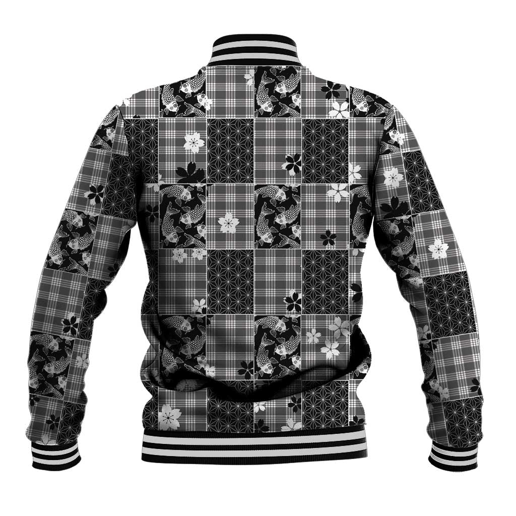 Black Palaka Japanese Patterns Baseball Jacket Koi Fish Asanoha Sakura Patchwork Stylized LT14 - Polynesian Pride