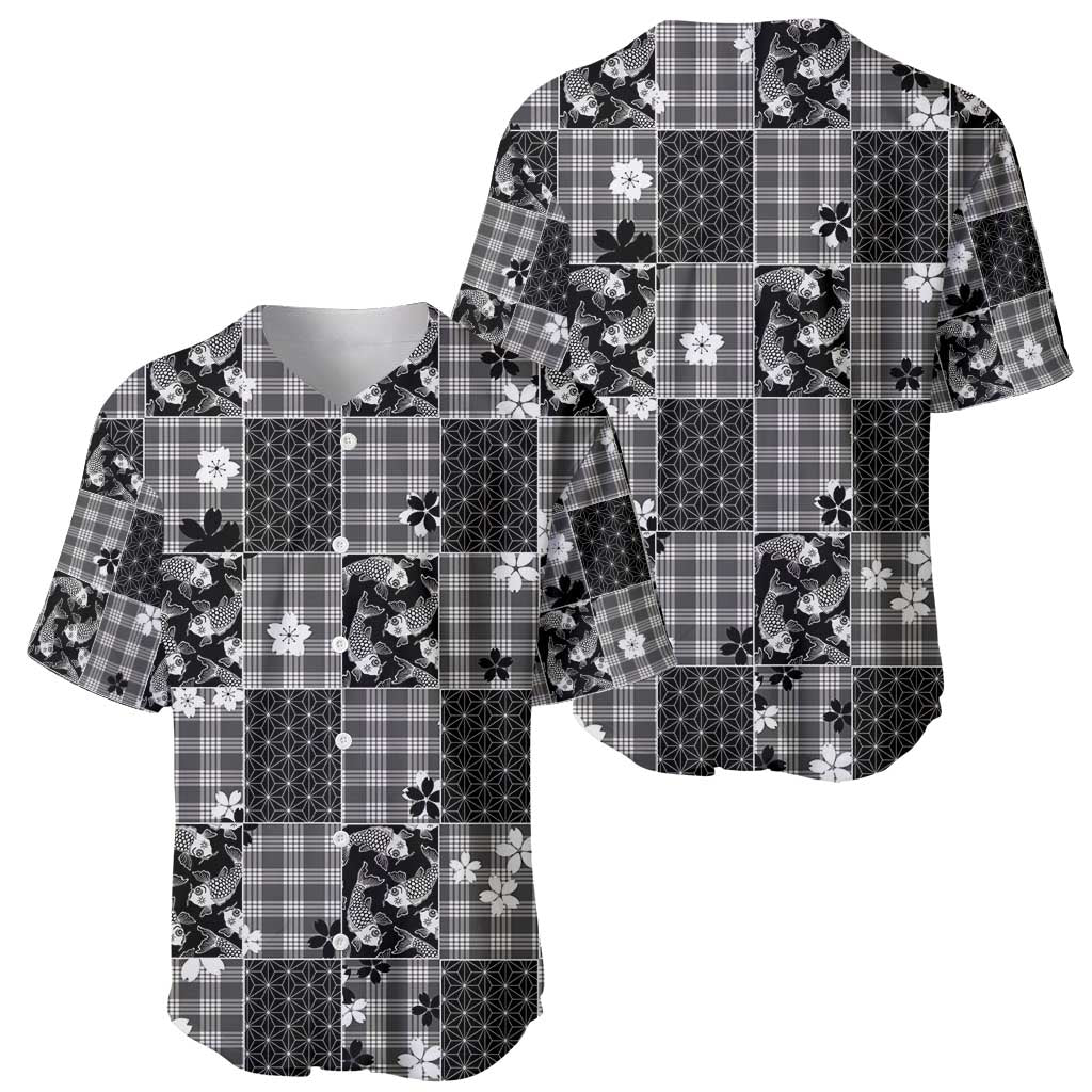 Black Palaka Japanese Patterns Baseball Jersey Koi Fish Asanoha Sakura Patchwork Stylized - Polynesian Pride