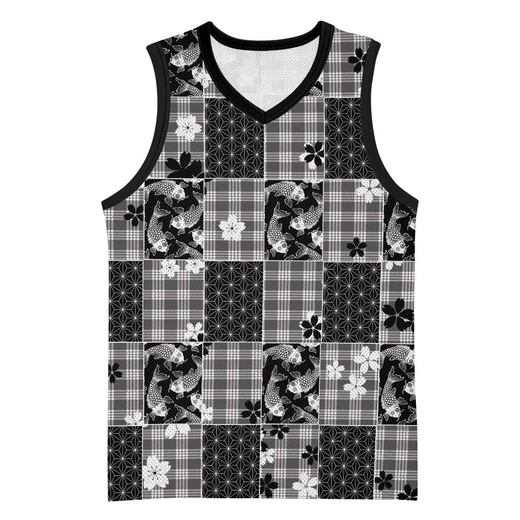 Black Palaka Japanese Patterns Basketball Jersey Koi Fish Asanoha Sakura Patchwork Stylized LT14 Unisex Black - Polynesian Pride