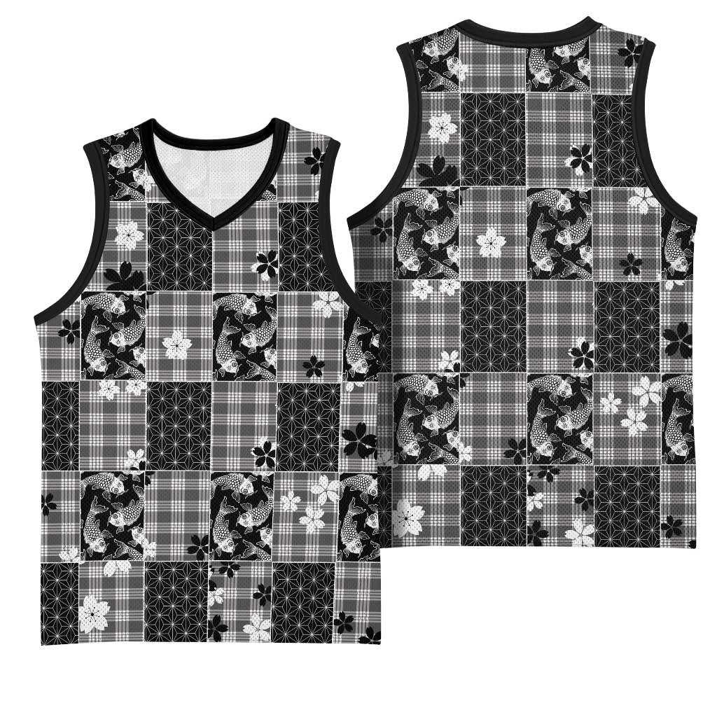 Black Palaka Japanese Patterns Basketball Jersey Koi Fish Asanoha Sakura Patchwork Stylized LT14 - Polynesian Pride
