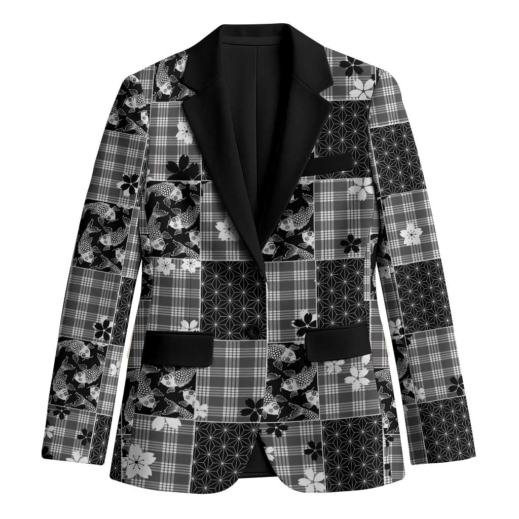 Black Palaka Japanese Patterns Blazer Koi Fish Asanoha Sakura Patchwork Stylized LT14 Unisex Black - Polynesian Pride