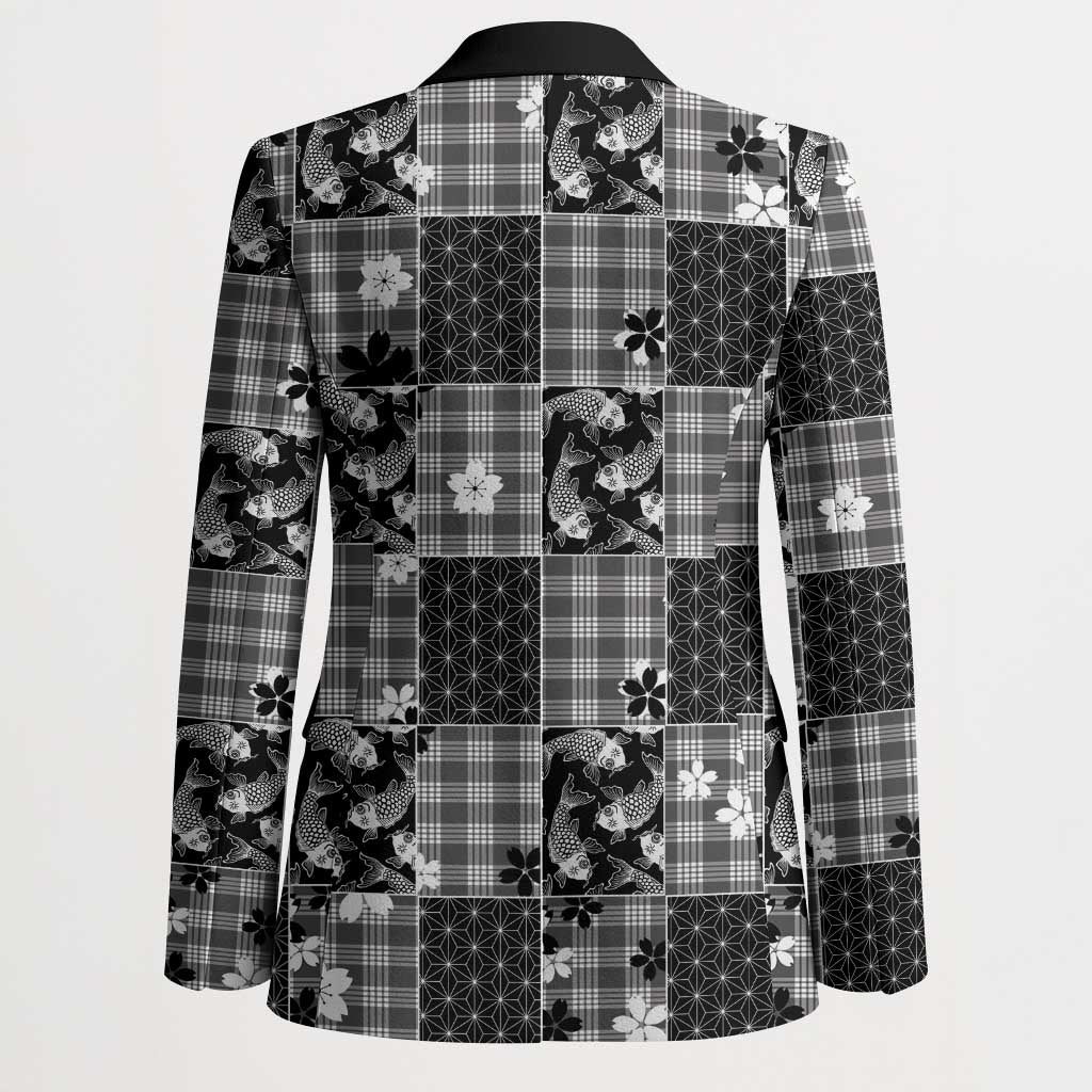 Black Palaka Japanese Patterns Blazer Koi Fish Asanoha Sakura Patchwork Stylized LT14 - Polynesian Pride