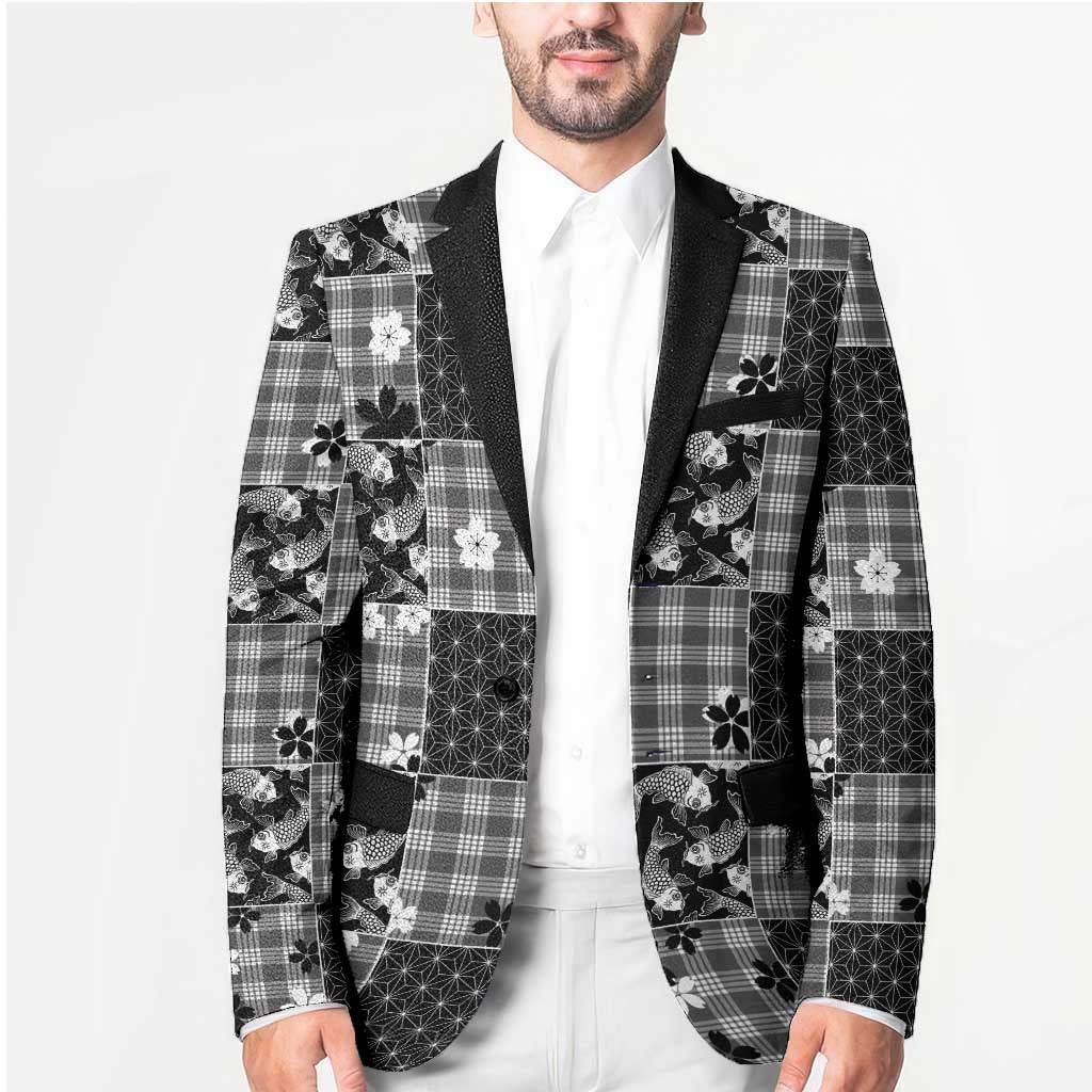 Black Palaka Japanese Patterns Blazer Koi Fish Asanoha Sakura Patchwork Stylized LT14 - Polynesian Pride