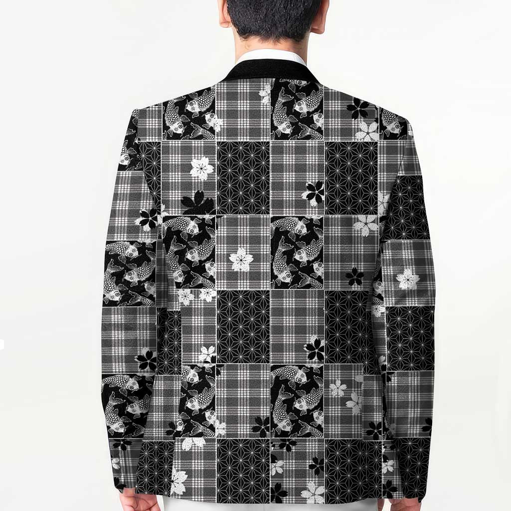 Black Palaka Japanese Patterns Blazer Koi Fish Asanoha Sakura Patchwork Stylized LT14 - Polynesian Pride