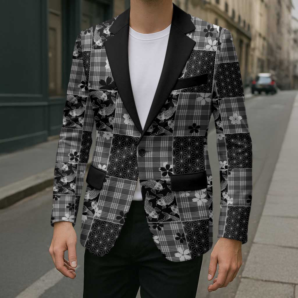 Black Palaka Japanese Patterns Blazer Koi Fish Asanoha Sakura Patchwork Stylized LT14 - Polynesian Pride
