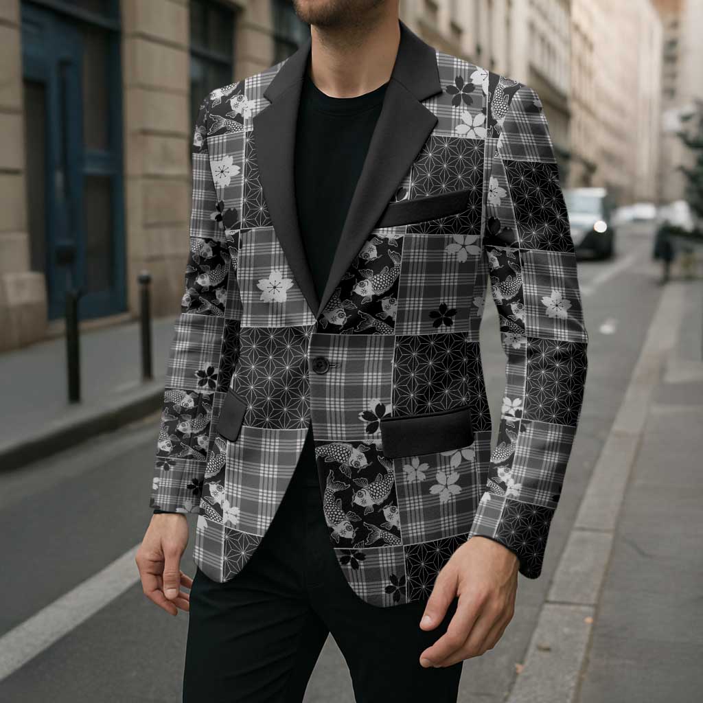 Black Palaka Japanese Patterns Blazer Koi Fish Asanoha Sakura Patchwork Stylized LT14 - Polynesian Pride