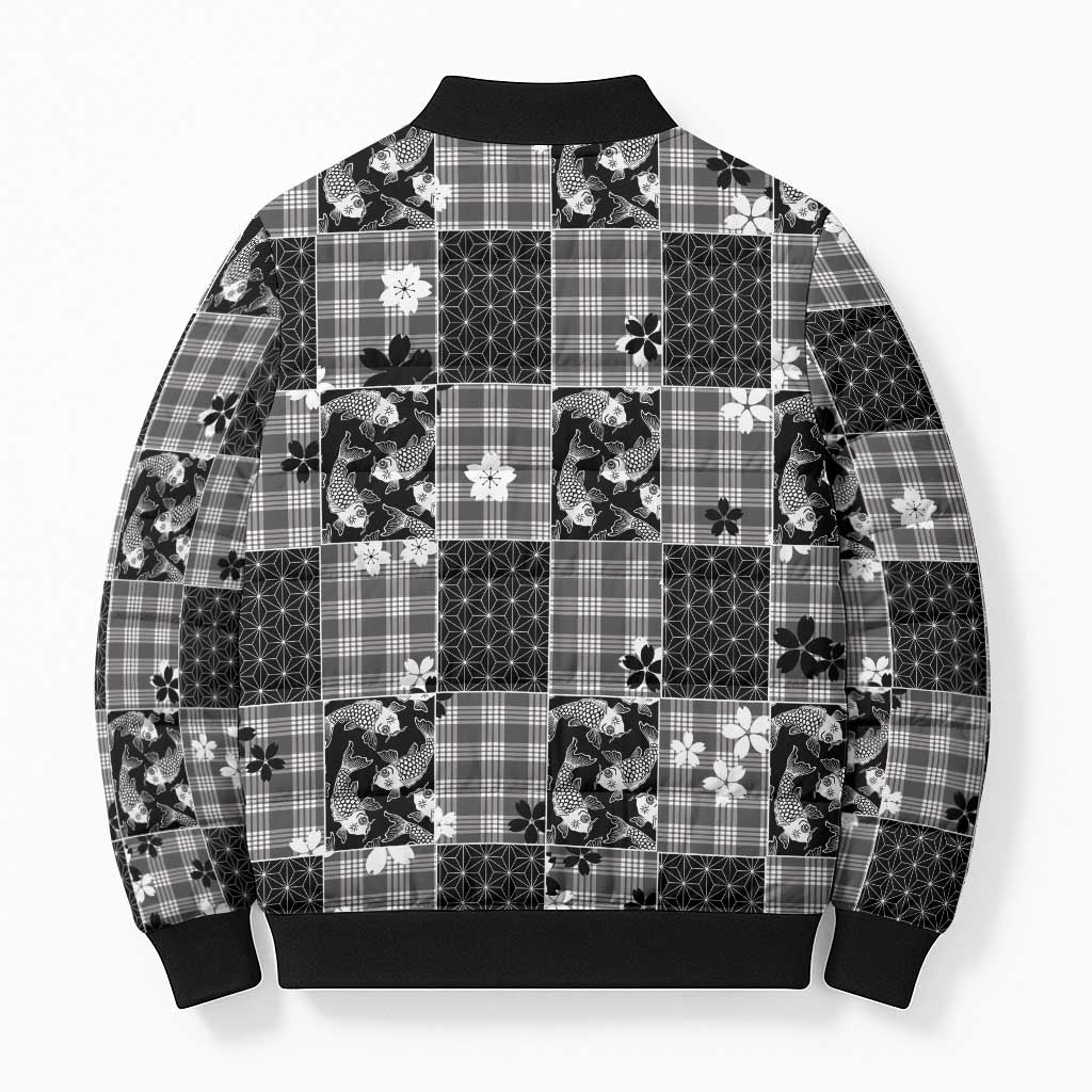 Black Palaka Japanese Patterns Bomber Puffer Jacket Koi Fish Asanoha Sakura Patchwork Stylized LT14 - Polynesian Pride