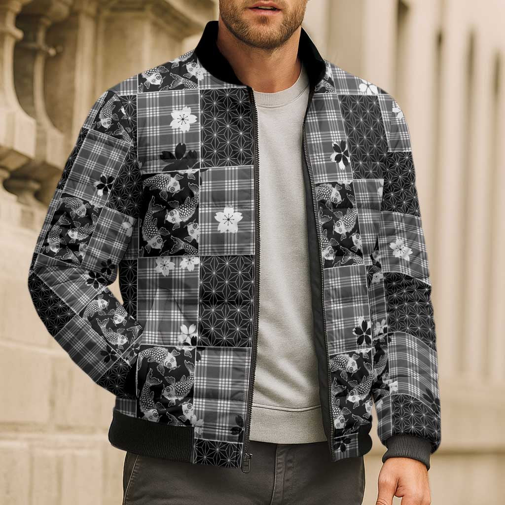 Black Palaka Japanese Patterns Bomber Puffer Jacket Koi Fish Asanoha Sakura Patchwork Stylized LT14 - Polynesian Pride