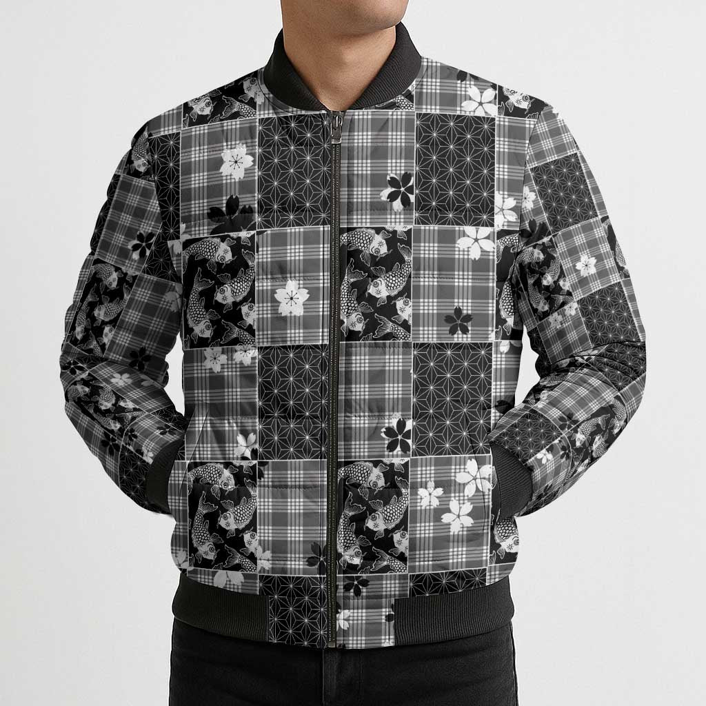 Black Palaka Japanese Patterns Bomber Puffer Jacket Koi Fish Asanoha Sakura Patchwork Stylized LT14 - Polynesian Pride
