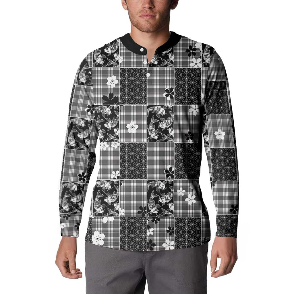 Black Palaka Japanese Patterns Button Sweatshirt Koi Fish Asanoha Sakura Patchwork Stylized LT14 - Polynesian Pride