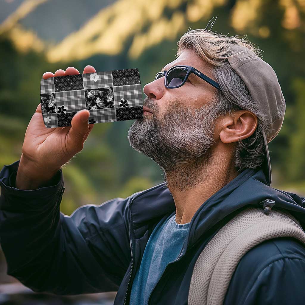 Black Palaka Japanese Patterns 4 in 1 Can Cooler Tumbler Koi Fish Asanoha Sakura Patchwork Stylized - Polynesian Pride