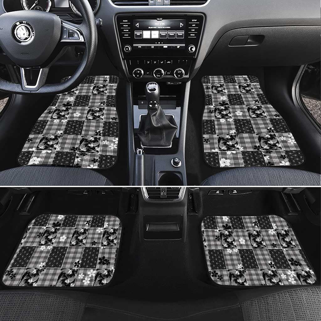 Black Palaka Japanese Patterns Car Mats Koi Fish Asanoha Sakura Patchwork Stylized LT14 Set 4pcs Black - Polynesian Pride