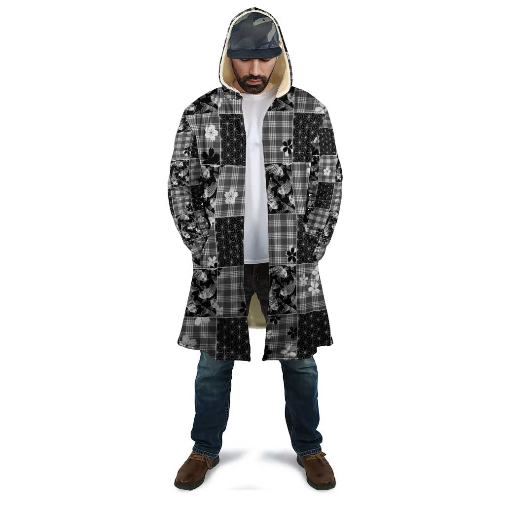 Black Palaka Japanese Patterns Cloak Koi Fish Asanoha Sakura Patchwork Stylized - Polynesian Pride