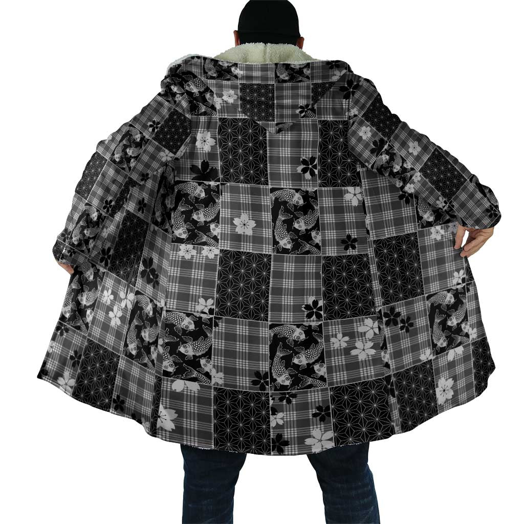 Black Palaka Japanese Patterns Cloak Koi Fish Asanoha Sakura Patchwork Stylized - Polynesian Pride