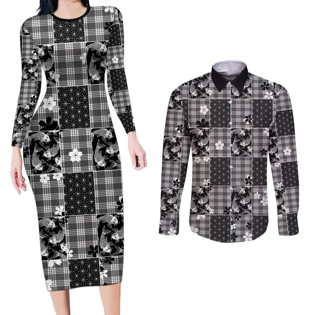 Black Palaka Japanese Patterns Couples Matching Long Sleeve Bodycon Dress and Long Sleeve Button Shirt Koi Fish Asanoha Sakura Patchwork Stylized - Polynesian Pride