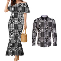 Black Palaka Japanese Patterns Couples Matching Mermaid Dress and Long Sleeve Button Shirt Koi Fish Asanoha Sakura Patchwork Stylized LT14 Black - Polynesian Pride