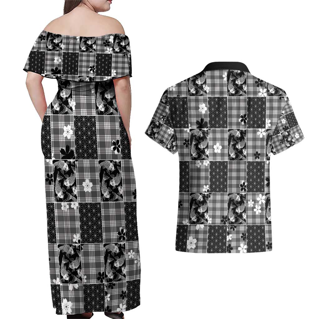 Black Palaka Japanese Patterns Couples Matching Off Shoulder Maxi Dress and Hawaiian Shirt Koi Fish Asanoha Sakura Patchwork Stylized - Polynesian Pride