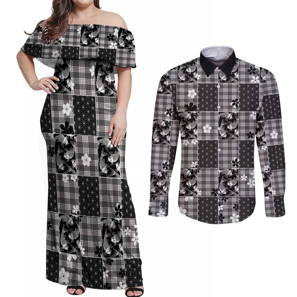 Black Palaka Japanese Patterns Couples Matching Off Shoulder Maxi Dress and Long Sleeve Button Shirt Koi Fish Asanoha Sakura Patchwork Stylized LT14 Black - Polynesian Pride