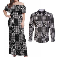 Black Palaka Japanese Patterns Couples Matching Off Shoulder Maxi Dress and Long Sleeve Button Shirt Koi Fish Asanoha Sakura Patchwork Stylized LT14 Black - Polynesian Pride