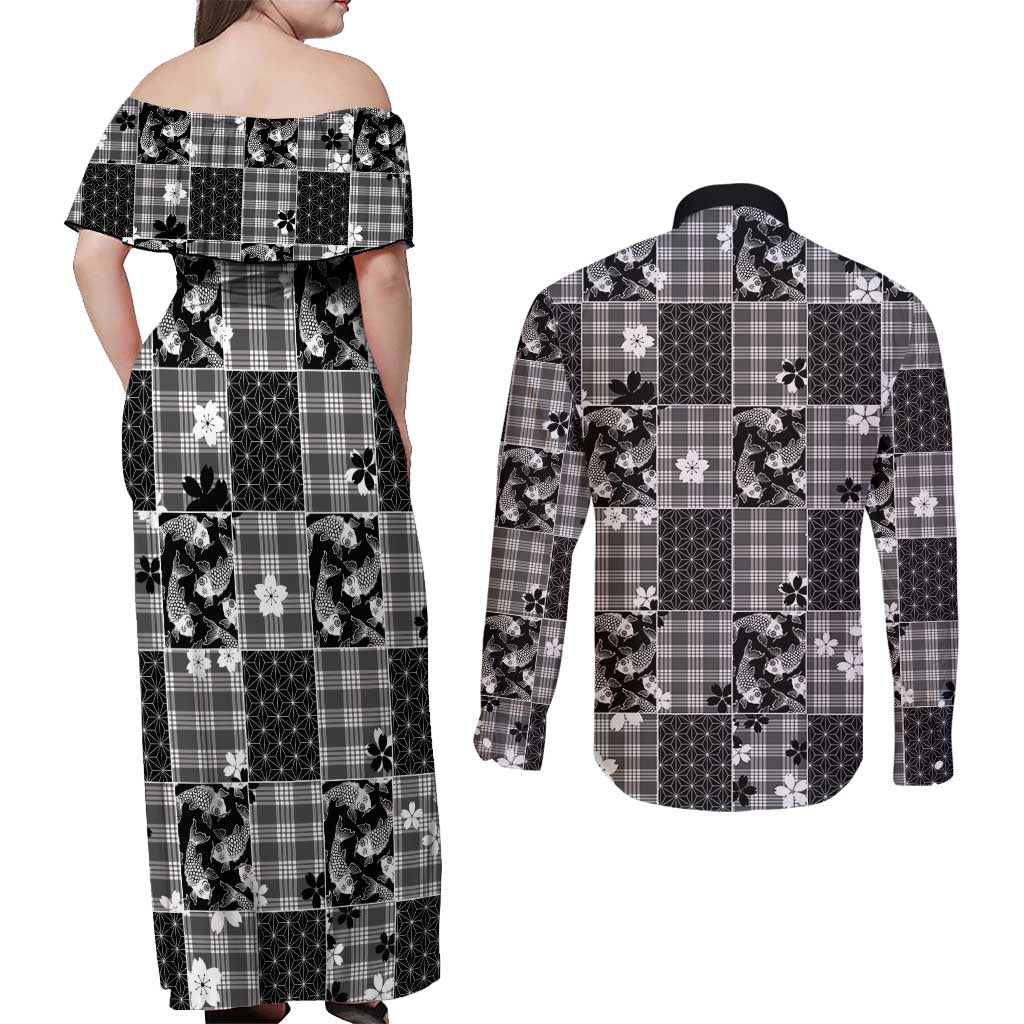 Black Palaka Japanese Patterns Couples Matching Off Shoulder Maxi Dress and Long Sleeve Button Shirt Koi Fish Asanoha Sakura Patchwork Stylized LT14 - Polynesian Pride