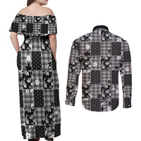 Black Palaka Japanese Patterns Couples Matching Off Shoulder Maxi Dress and Long Sleeve Button Shirt Koi Fish Asanoha Sakura Patchwork Stylized LT14 - Polynesian Pride