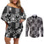 Black Palaka Japanese Patterns Couples Matching Off Shoulder Short Dress and Long Sleeve Button Shirt Koi Fish Asanoha Sakura Patchwork Stylized - Polynesian Pride