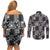Black Palaka Japanese Patterns Couples Matching Off Shoulder Short Dress and Long Sleeve Button Shirt Koi Fish Asanoha Sakura Patchwork Stylized - Polynesian Pride