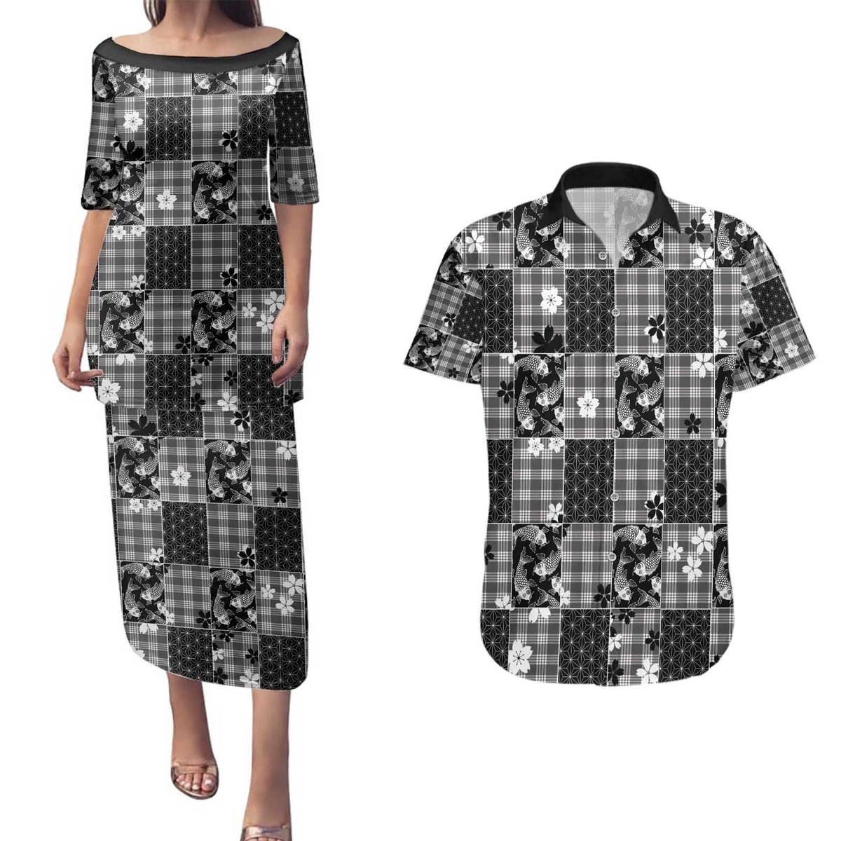 Black Palaka Japanese Patterns Couples Matching Puletasi and Hawaiian Shirt Koi Fish Asanoha Sakura Patchwork Stylized LT14 Black - Polynesian Pride
