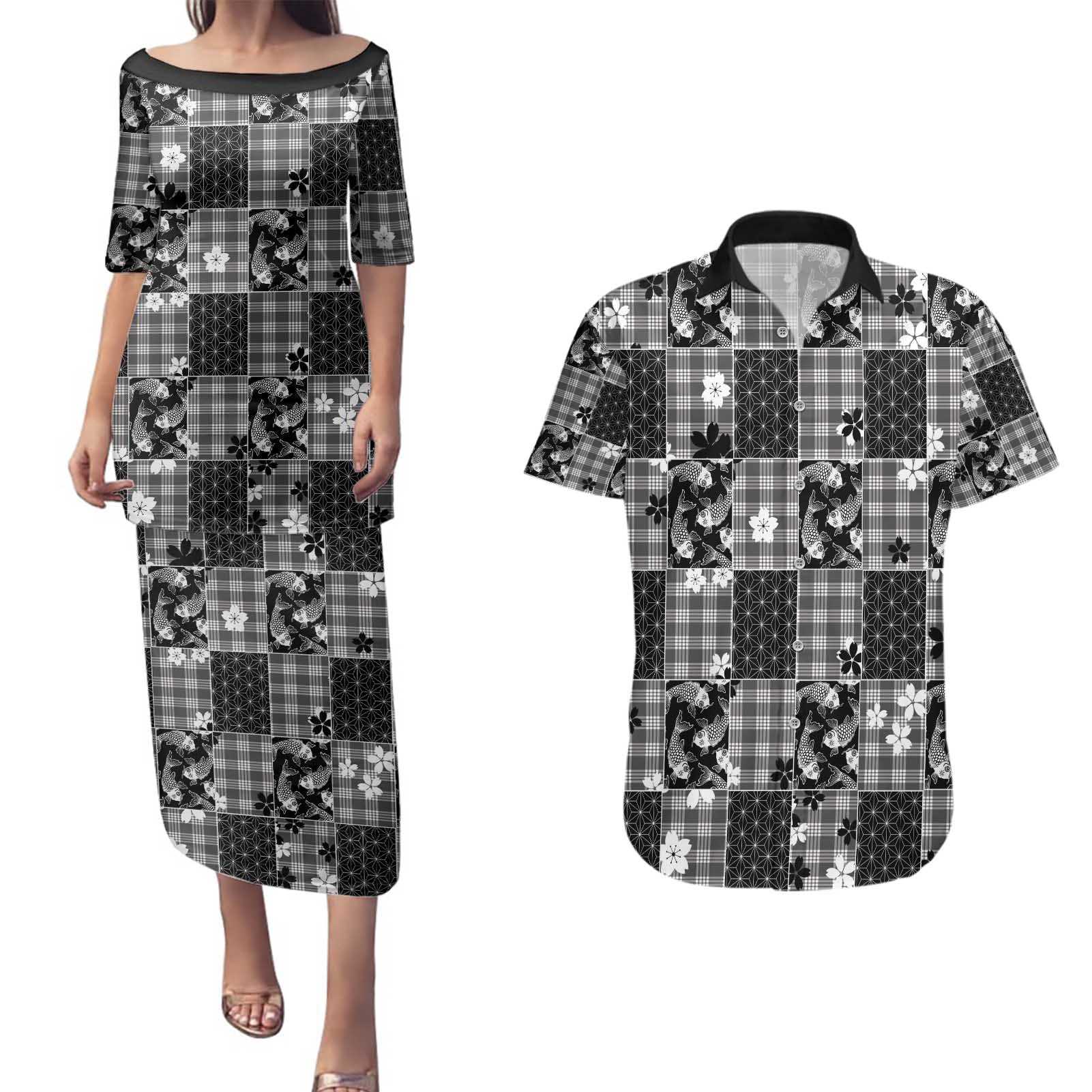 Black Palaka Japanese Patterns Couples Matching Puletasi and Hawaiian Shirt Koi Fish Asanoha Sakura Patchwork Stylized - Polynesian Pride