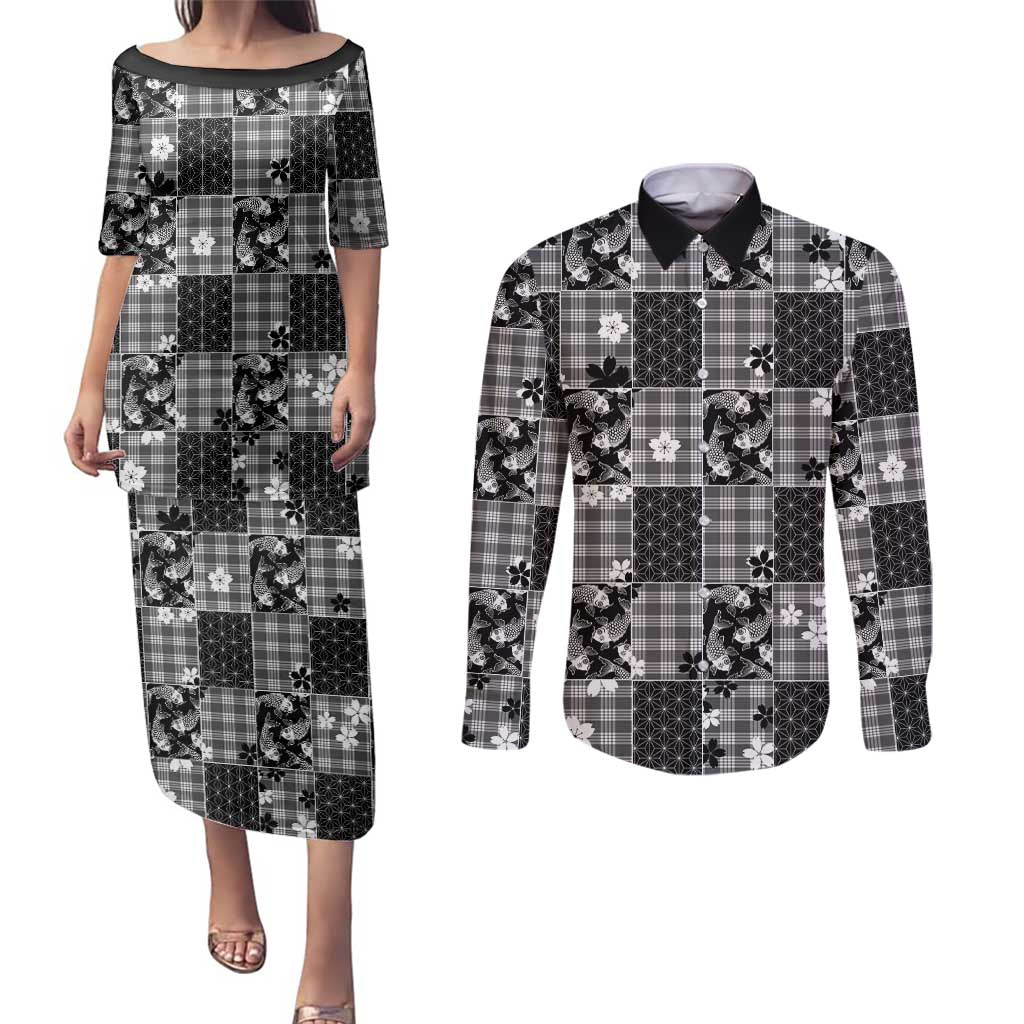 Black Palaka Japanese Patterns Couples Matching Puletasi and Long Sleeve Button Shirt Koi Fish Asanoha Sakura Patchwork Stylized - Polynesian Pride