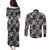 Black Palaka Japanese Patterns Couples Matching Puletasi and Long Sleeve Button Shirt Koi Fish Asanoha Sakura Patchwork Stylized - Polynesian Pride