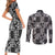 Black Palaka Japanese Patterns Couples Matching Short Sleeve Bodycon Dress and Long Sleeve Button Shirt Koi Fish Asanoha Sakura Patchwork Stylized - Polynesian Pride