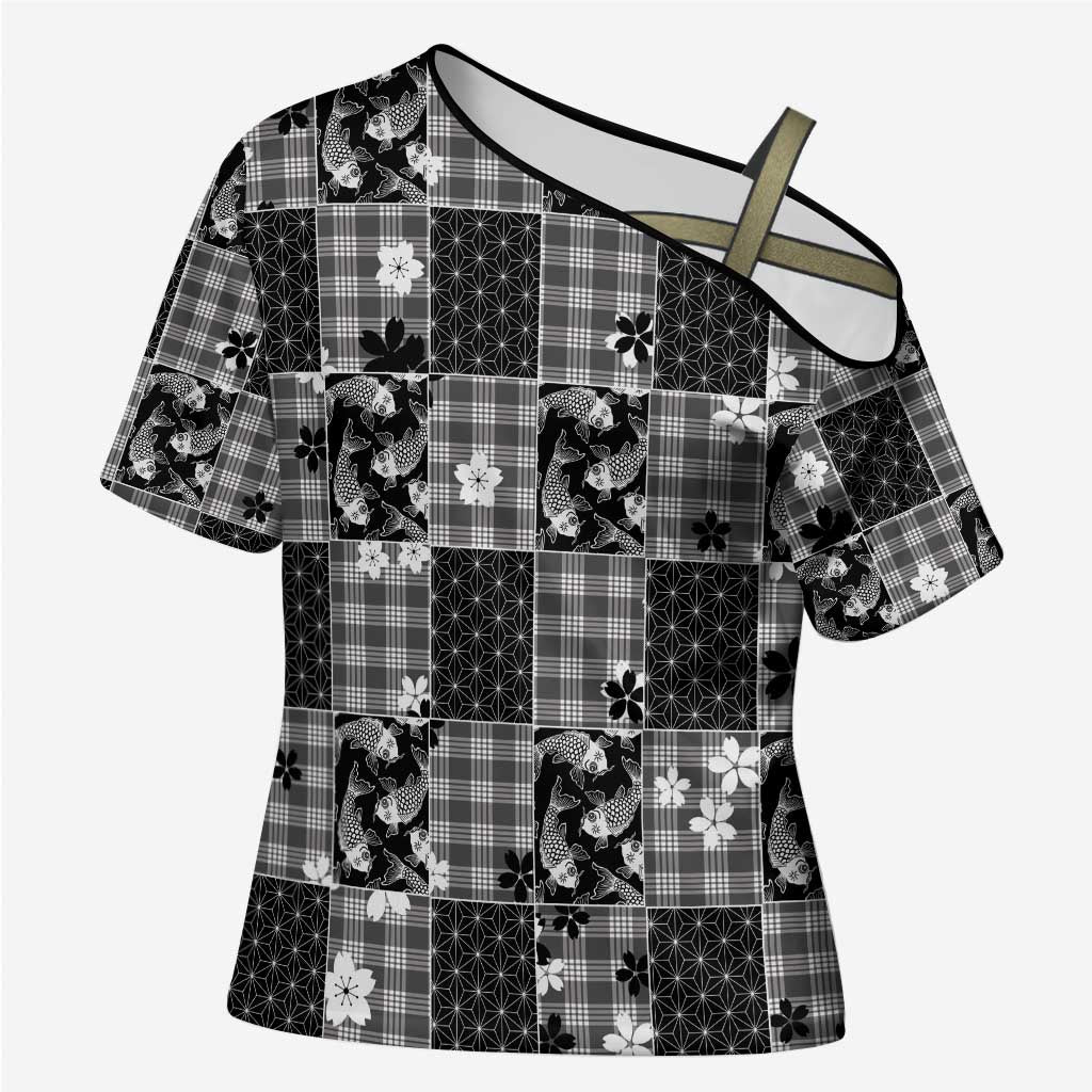 Black Palaka Japanese Patterns Cross Shoulder Shirt Koi Fish Asanoha Sakura Patchwork Stylized LT14 Female Black - Polynesian Pride