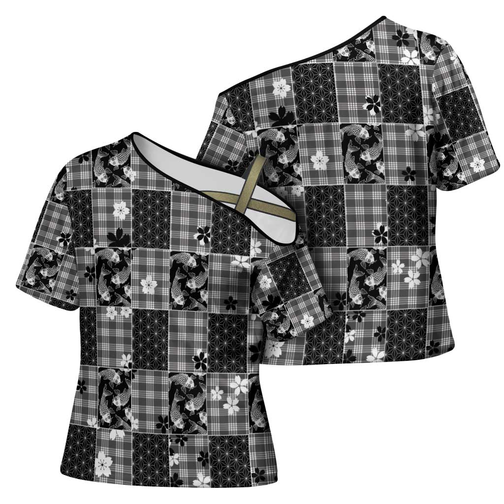 Black Palaka Japanese Patterns Cross Shoulder Shirt Koi Fish Asanoha Sakura Patchwork Stylized LT14 - Polynesian Pride