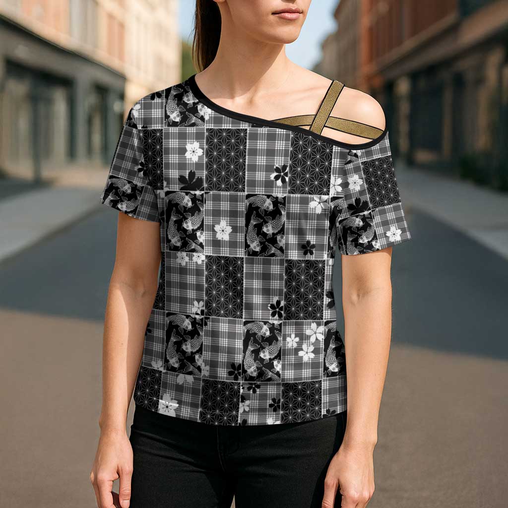 Black Palaka Japanese Patterns Cross Shoulder Shirt Koi Fish Asanoha Sakura Patchwork Stylized LT14 - Polynesian Pride