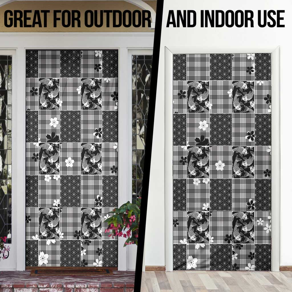 Black Palaka Japanese Patterns Door Cover Koi Fish Asanoha Sakura Patchwork Stylized - Polynesian Pride