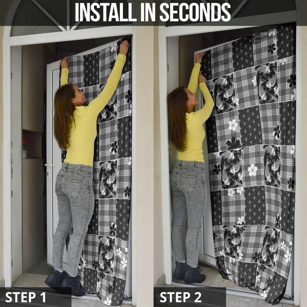 Black Palaka Japanese Patterns Door Cover Koi Fish Asanoha Sakura Patchwork Stylized - Polynesian Pride