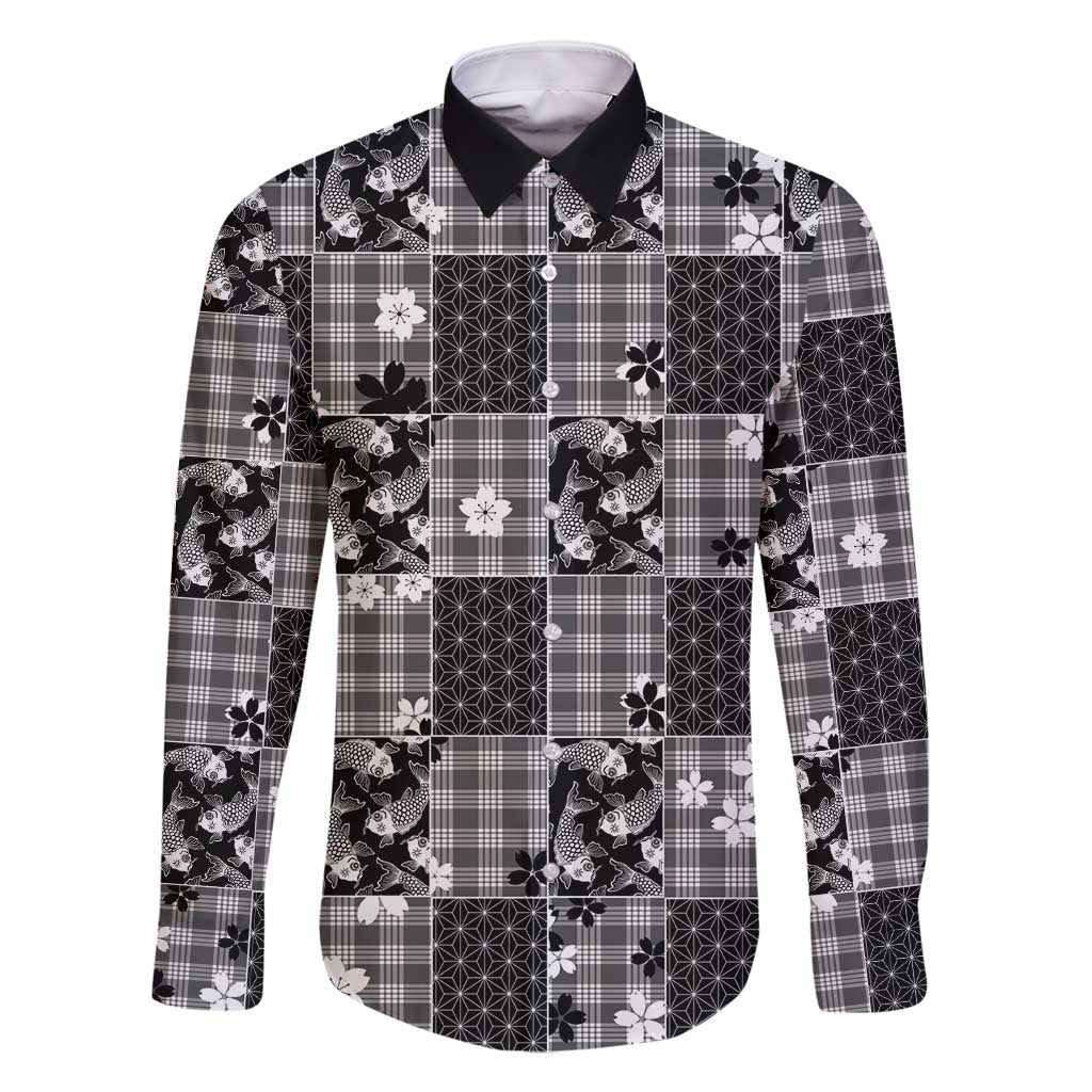 Black Palaka Japanese Patterns Family Matching Long Sleeve Bodycon Dress and Hawaiian Shirt Koi Fish Asanoha Sakura Patchwork Stylized - Polynesian Pride