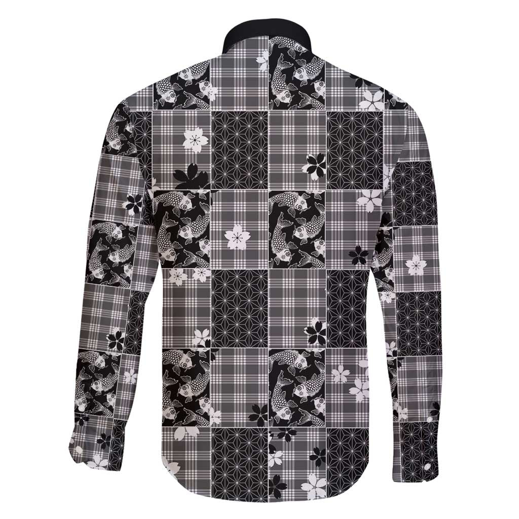 Black Palaka Japanese Patterns Family Matching Long Sleeve Bodycon Dress and Hawaiian Shirt Koi Fish Asanoha Sakura Patchwork Stylized - Polynesian Pride