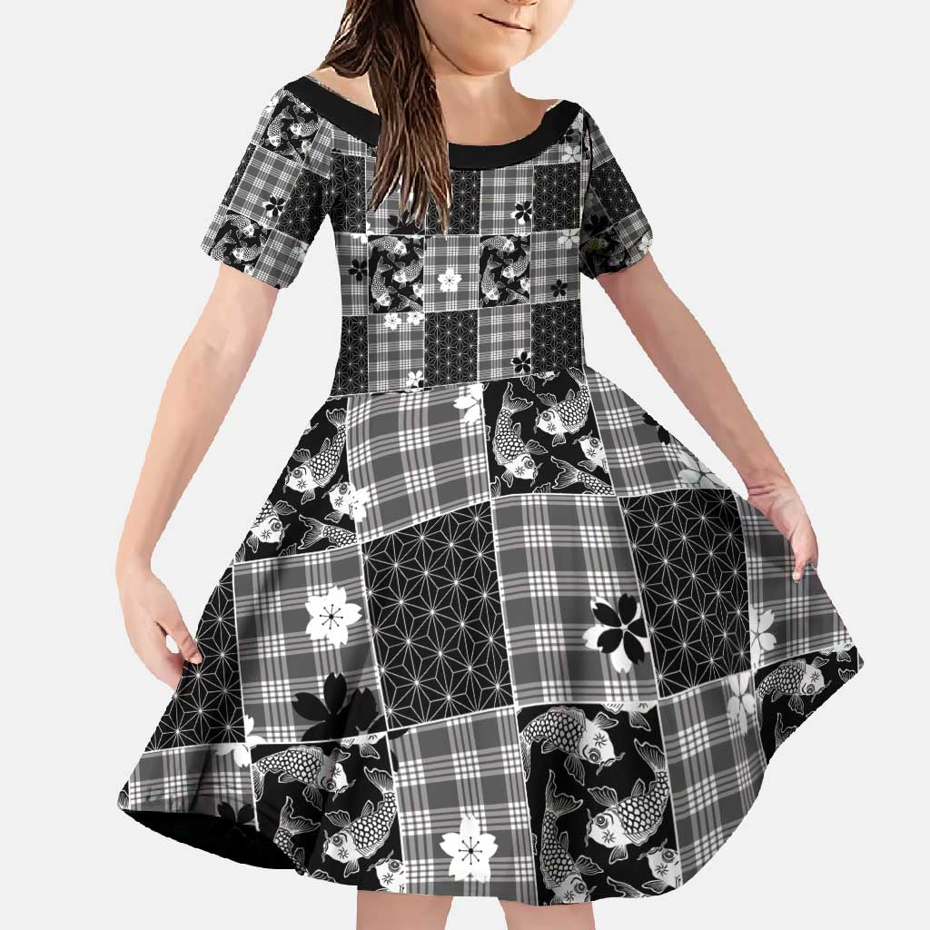 Black Palaka Japanese Patterns Family Matching Mermaid Dress and Hawaiian Shirt Koi Fish Asanoha Sakura Patchwork Stylized - Polynesian Pride