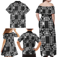 Black Palaka Japanese Patterns Family Matching Off Shoulder Maxi Dress and Hawaiian Shirt Koi Fish Asanoha Sakura Patchwork Stylized - Polynesian Pride