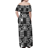 Black Palaka Japanese Patterns Family Matching Off Shoulder Maxi Dress and Hawaiian Shirt Koi Fish Asanoha Sakura Patchwork Stylized - Polynesian Pride