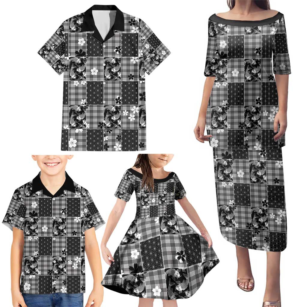 Black Palaka Japanese Patterns Family Matching Puletasi and Hawaiian Shirt Koi Fish Asanoha Sakura Patchwork Stylized - Polynesian Pride