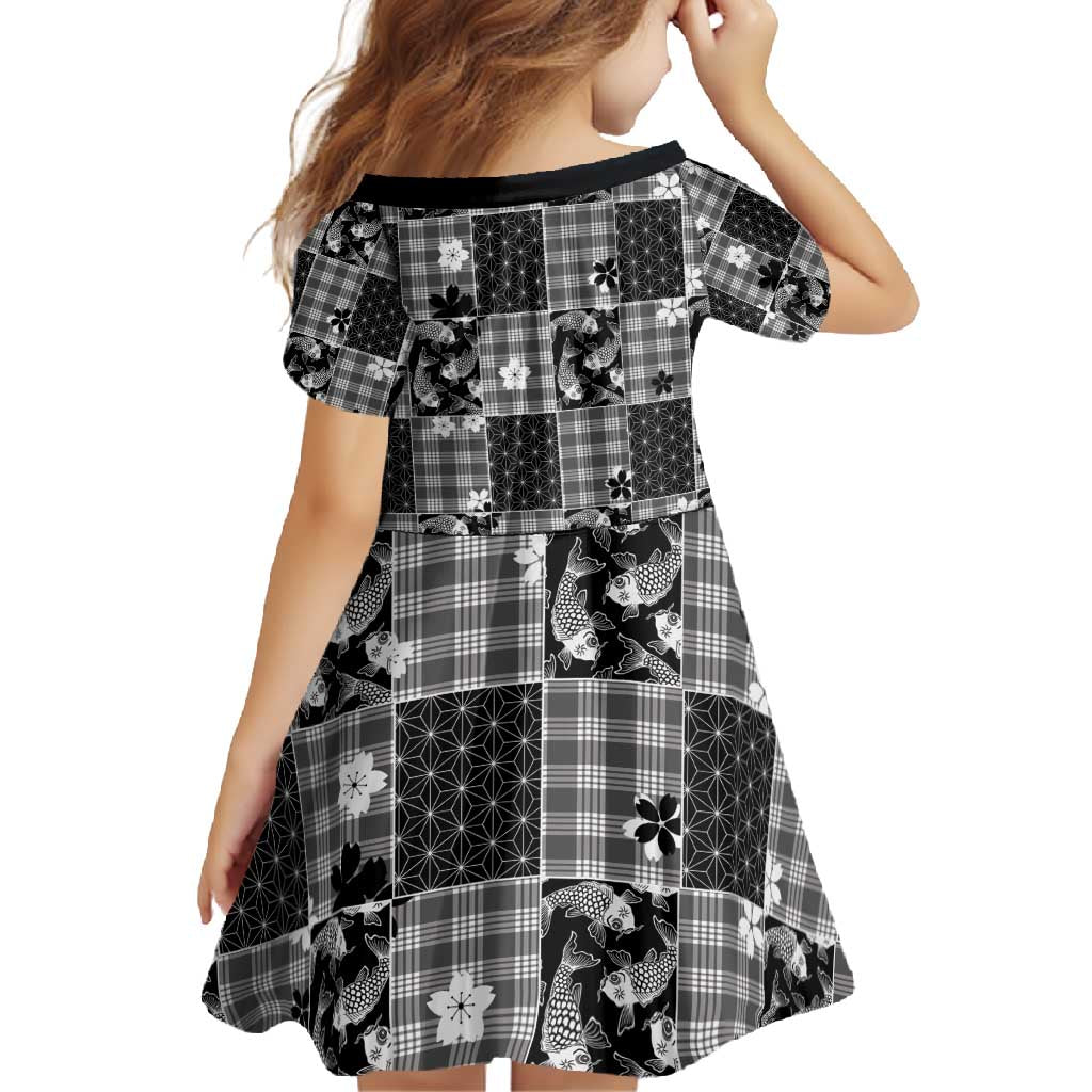 Black Palaka Japanese Patterns Family Matching Short Sleeve Bodycon Dress and Hawaiian Shirt Koi Fish Asanoha Sakura Patchwork Stylized - Polynesian Pride