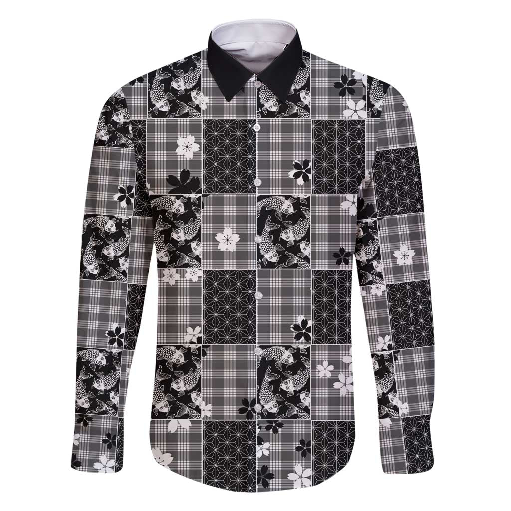 Black Palaka Japanese Patterns Family Matching Short Sleeve Bodycon Dress and Hawaiian Shirt Koi Fish Asanoha Sakura Patchwork Stylized - Polynesian Pride